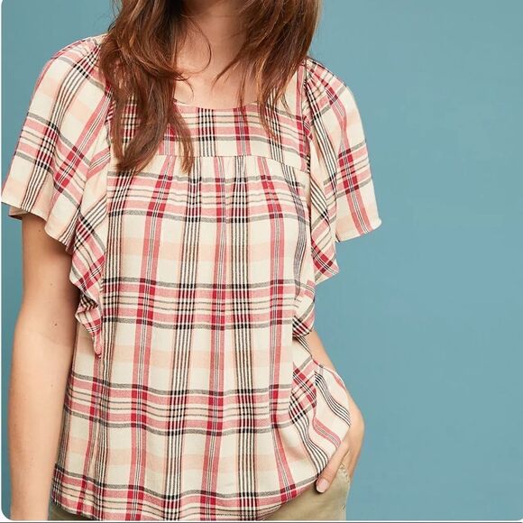 Maeve Anthropologie Size Medium Red Priscilla Plaid Flutter Sleeve Blouse - Picture 1 of 13